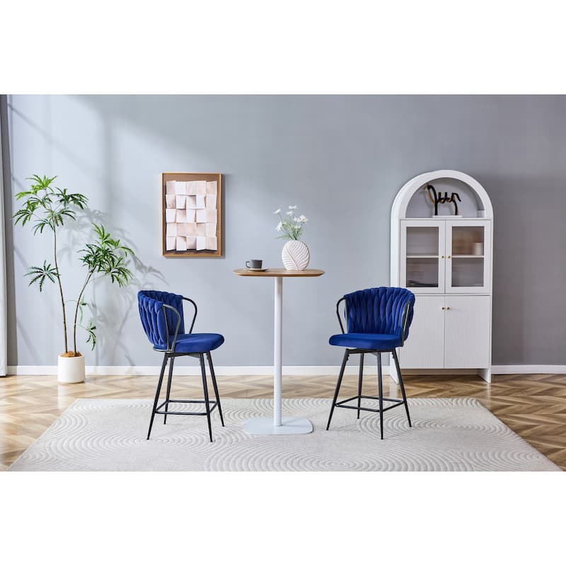 Set of 2 Modern Velvet Braided Bar Stools with Metal Frame & Woven Rope Backrest - Blue