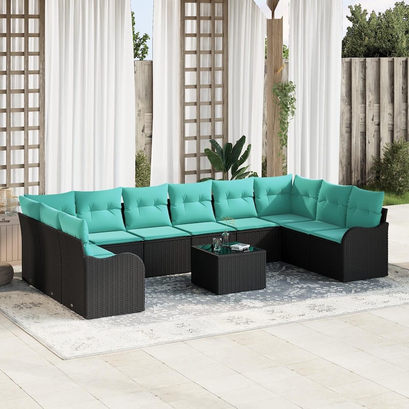 vidaXL 10 Garden Sofa Set with Cushions Black Poly Rattan - 135.4 x 69.9 x 27.2 - Black with table