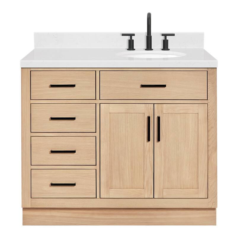 Ariel T042SRCQOVO Hepburn 43" Free Standing Single Basin Vanity Set - Oak / Carrara White Quartz Top / Matte Black