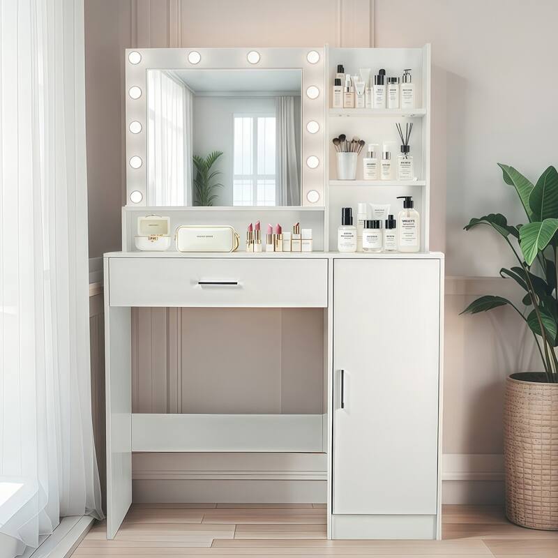 Modern Makeup Vanity with Mirror and Storage Cabinet, 3 Lighting Modes for Bedroom - White - 1-drawer