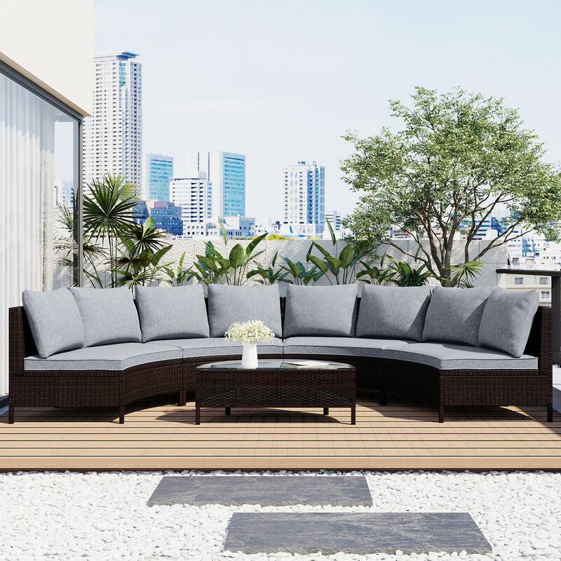 5-Piece All-Weather Brown PE Rattan Sectional Sofa Set - Outdoor Patio Half-Moon Wicker Furniture with Tempered Glass Table - Grey