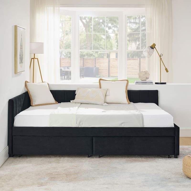 Full Size Upholstered Tufted Daybed, L Shaped Velvet Fabric Sofa Bed Frame with Two Drawers, Wooden Slats Support