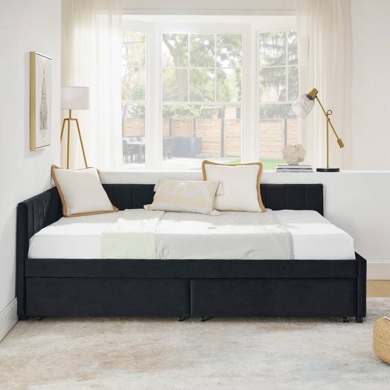 Roomfitters Full Velvet Daybed with Two Storage Drawers, Upholstered Sofa Bed Frame with Backrest and Armrests