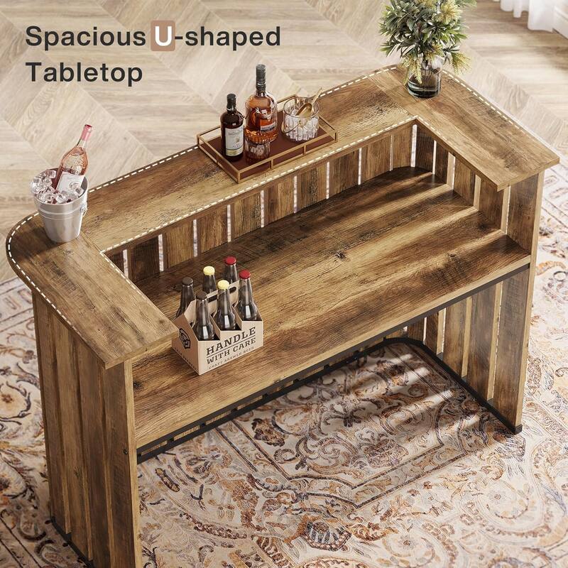 63 Inches Brown Engineered Wood Bar Table with Storage Shelves, 2-Tier Wine Bar Cabinet for Home Pub