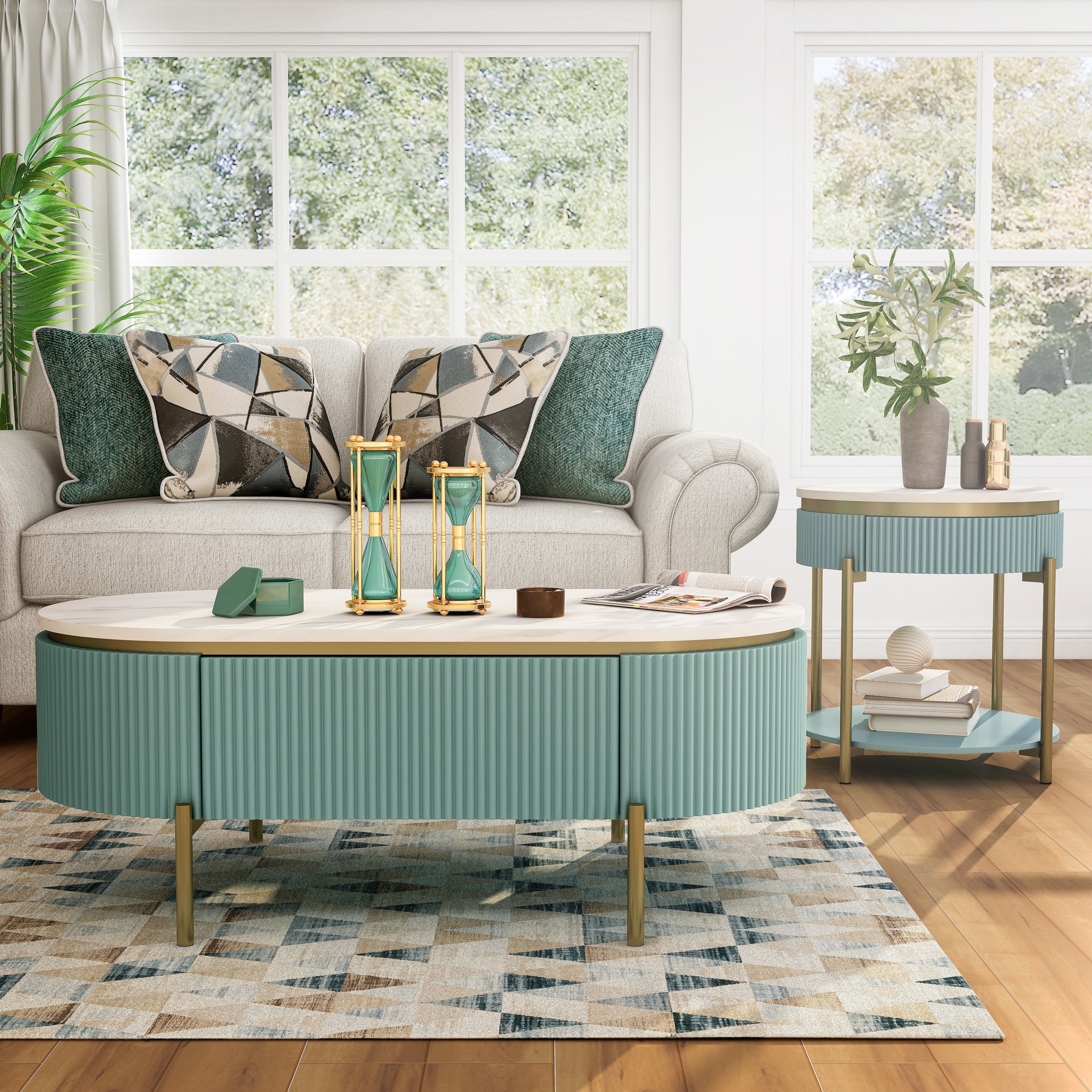 Furniture of America Reed Mid-Century Modern Faux White Marble 2-Piece Accent Table Set with Drawer