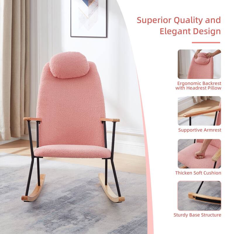 Modern Adjustable Headrest Pillow Upholstered High Back Rocking Chair
