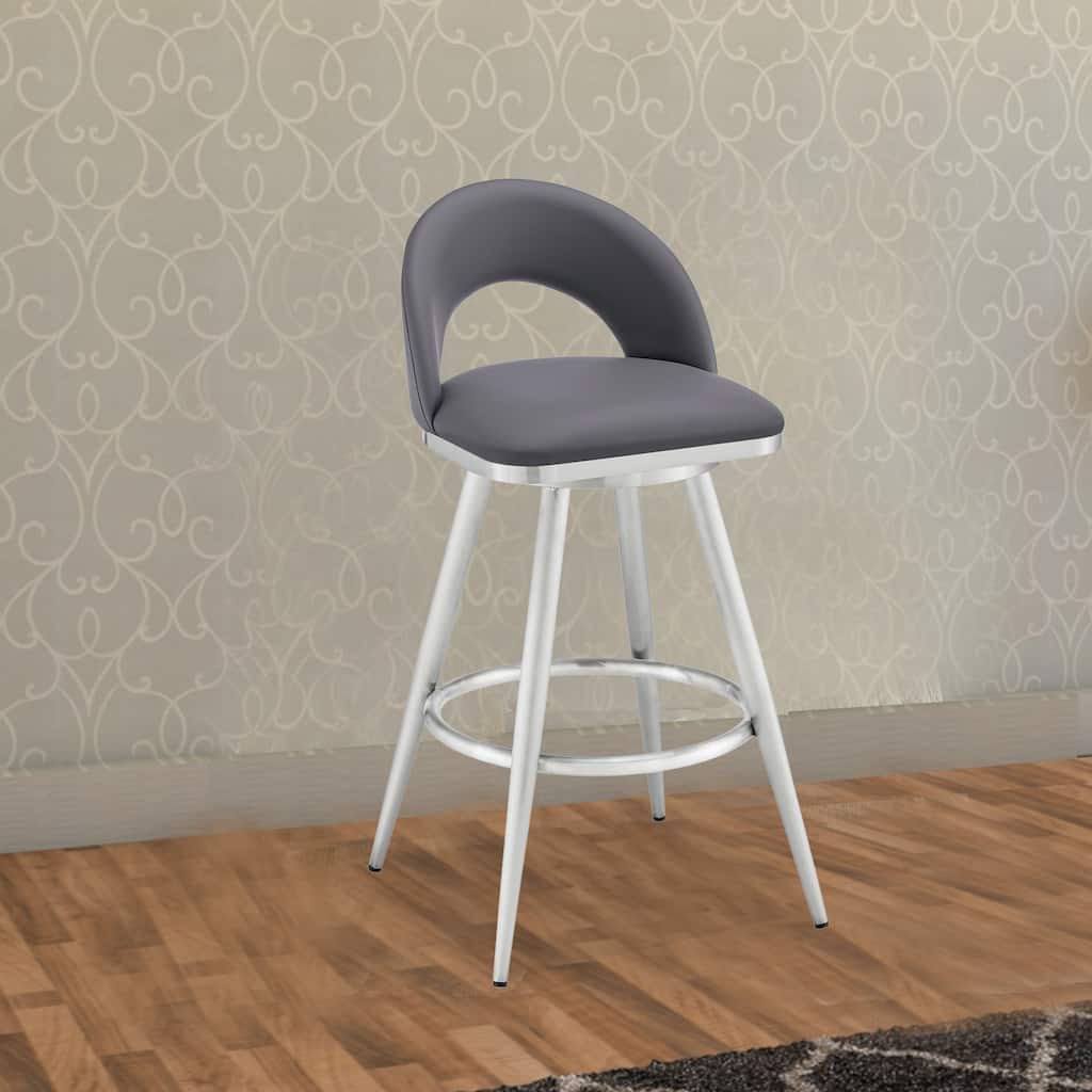 Teco 30 Inch Swivel Bar Stool, Open Curved Back, Steel, Gray Faux Leather