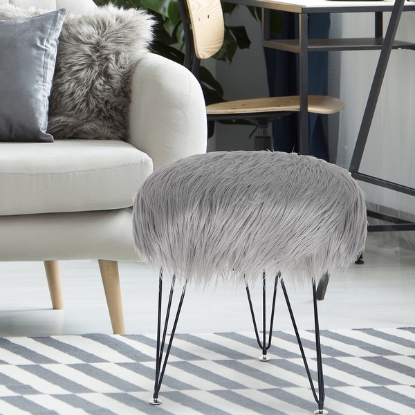 Homebeez Faux Fur Ottoman Footrest Vanity Stool Gray