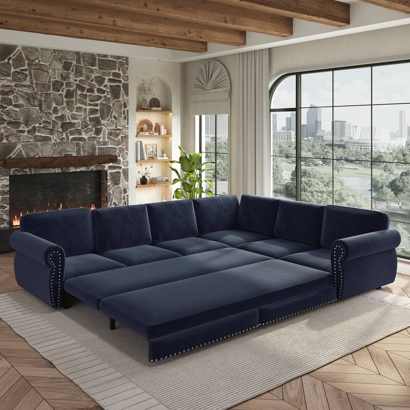 L-Shaped Sectional Sofa with Pull-Out Bed, Oversize Convertible Sleeper Sofa with Rolled Arms, Chenille Upholstery