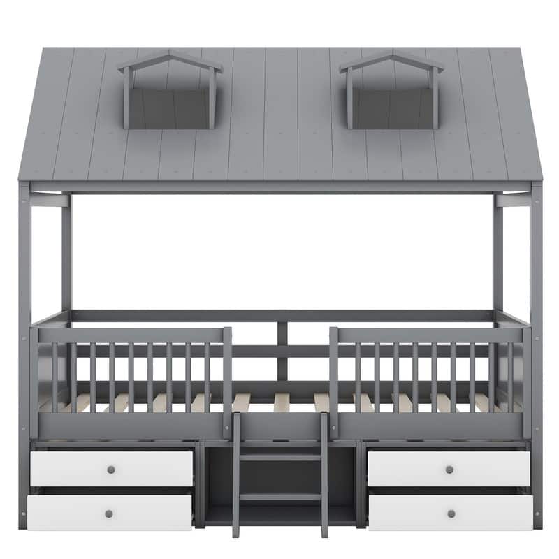 Full Size Wood House Bed with Roof and Drawers