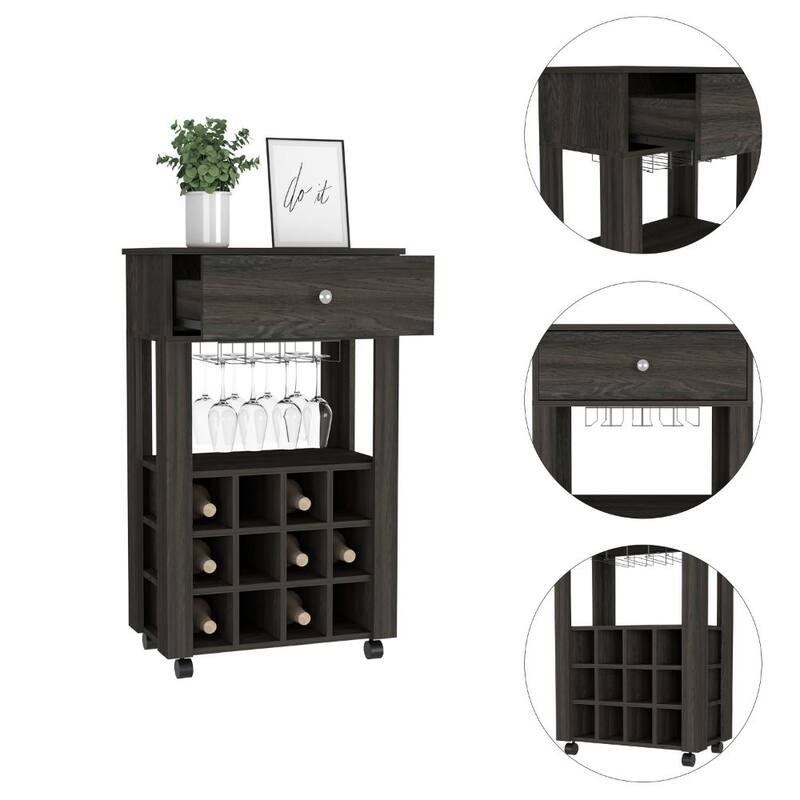 Memphis Bar Cart, Twelve Built-in Wine Rack, Four Legs, One Open Shelf -Espresso - Brown
