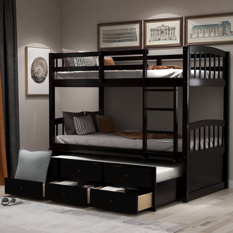 Twin Bunk Bed with Ladder, Safety Rail, and Trundle with 3 Drawers for Teens and Guest Rooms - Espresso