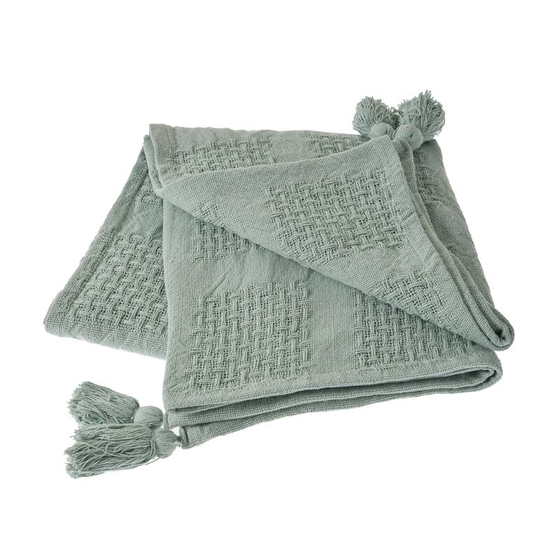 Porch & Den Hand-Woven Natural Cotton Basket Weave Standard Size Throw Blanket - Green
