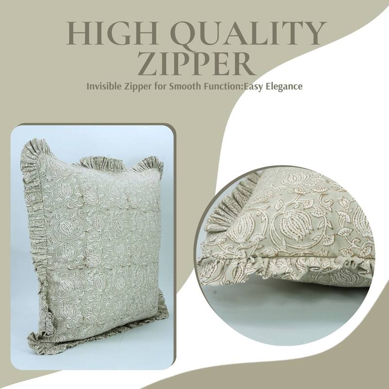 Fabdivine Frill Cotton Both Side Floral Block Print Pillow Cover Green