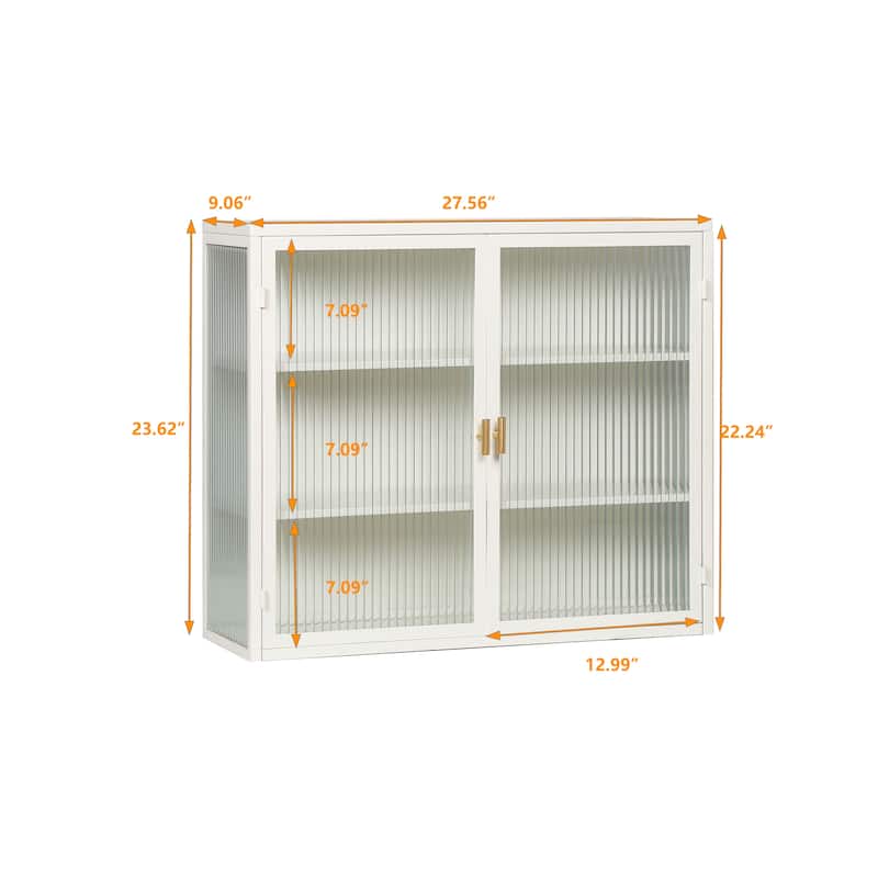 Modern White Wall Cabinet with Fluted Glass Doors and Three-Tier Storage for Entryway, Bathroom, or Living Room
