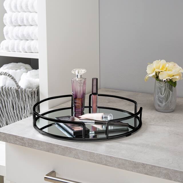 Home Details Modern Round Design Mirror Vanity Tray in Matte Black - Mattblack - 13" x 13" x 2.1"
