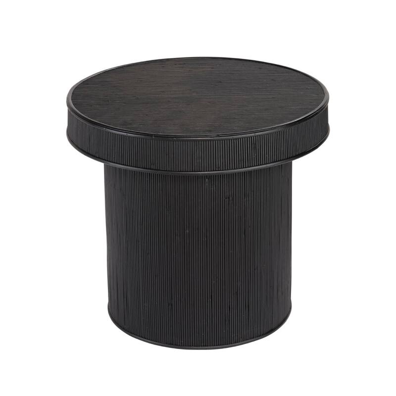 Tyl Side End Table, 22 Inch, Round Top, Cylindrical Bamboo Base, Black
