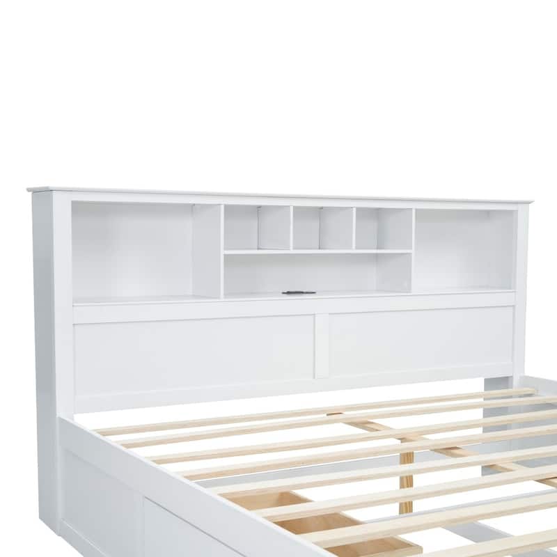 King Size Wood Platform Bed with Multi-storage Headboard, USB and Drawers