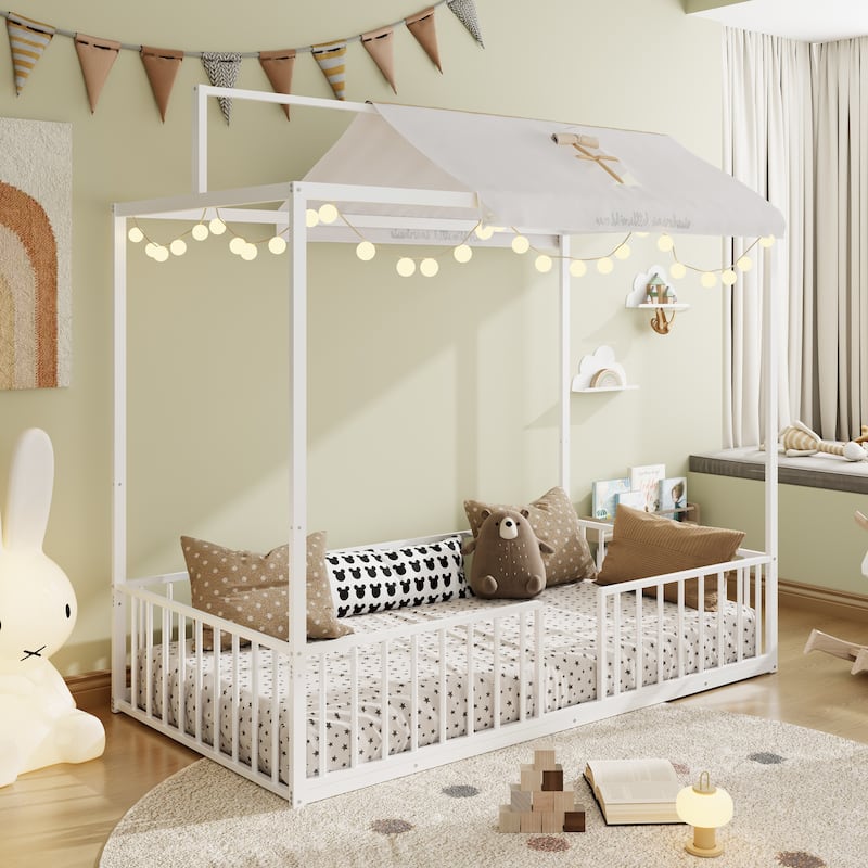 3-in-1 Convertible Metal Bed for Kids, Toddler Floor Bed, Fenced Bed and Montessori Elevated Bed with House-shaped Frame