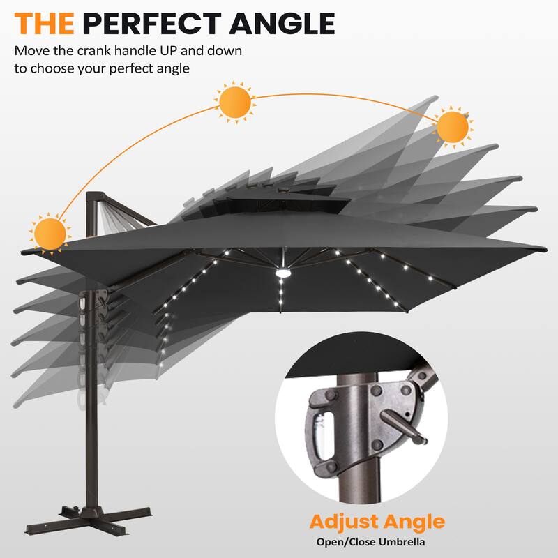VredHom Solar LED Light 11FT Square Outdoor Cantilever Patio Umbrella without Base