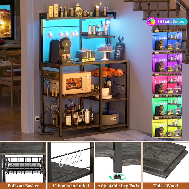Bakers Rack with Power Outlet and LED Light Strings, Kitchen Storage Shelf