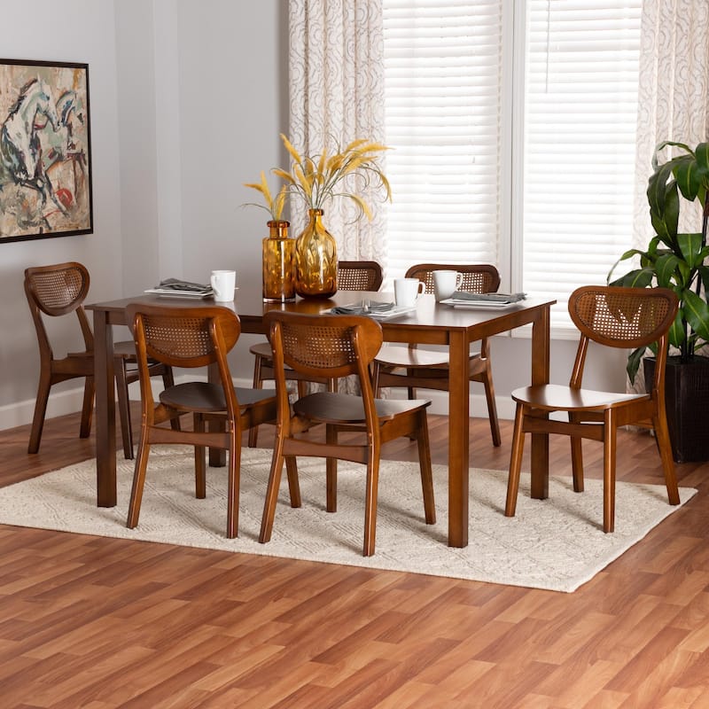 Jeriah Mid-Century Modern Wood and Woven Rattan 7-Piece Dining Set