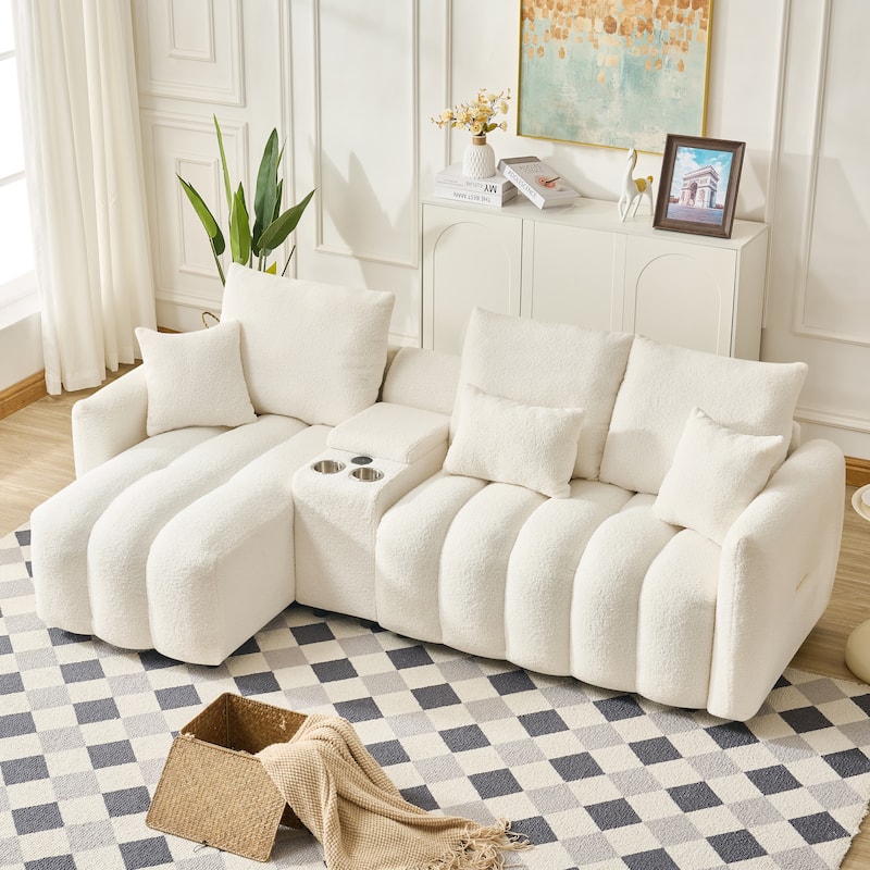 92-Inch High-Quality Teddy Fur Fabric Corner Sofa,With Usb Port,Center Console And Coffee Table.A Super Large Cushioned Sofa - White