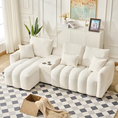 92-Inch High-Quality Teddy Fur Fabric Corner Sofa,With Usb Port,Center Console And Coffee Table.A Super Large Cushioned Sofa