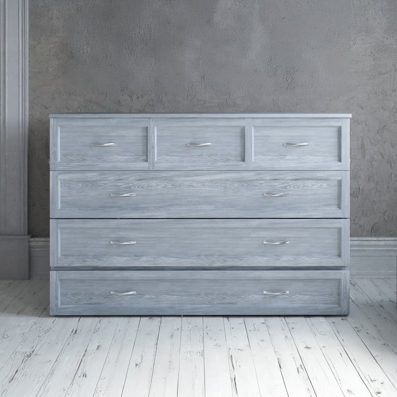 Deerfield Queen Murphy Bed Chest with 6" Mattress, Storage Drawer & Built-In Charger in Driftwood