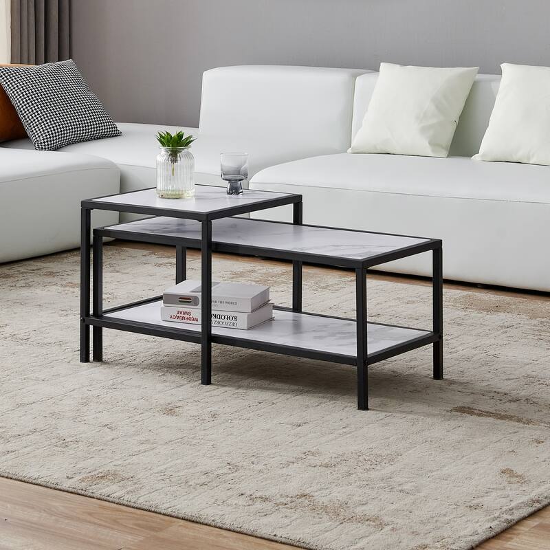 Wood marble color top Modern Nesting coffee table Square & rectangle With Black metal frame