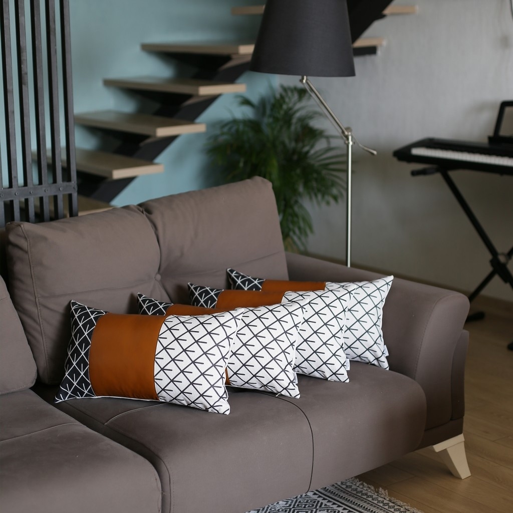 Set Of 4 Black And White Reverse With Faux Leather Lumbar Pillow Covers Set Of 4 Black And White Reverse With Faux Leather Lumbar Pillow Covers