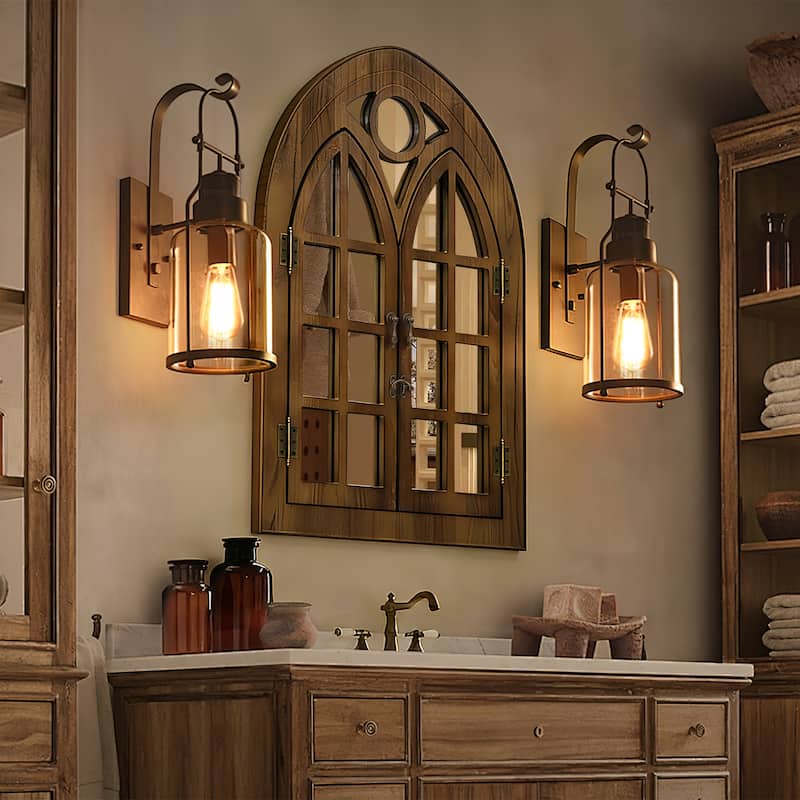 Classic Arched Wood Framed Window Pane Wall Mirror