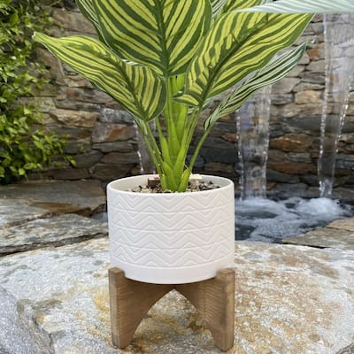 5" Wavy Ceramic Planter On Wood Stand