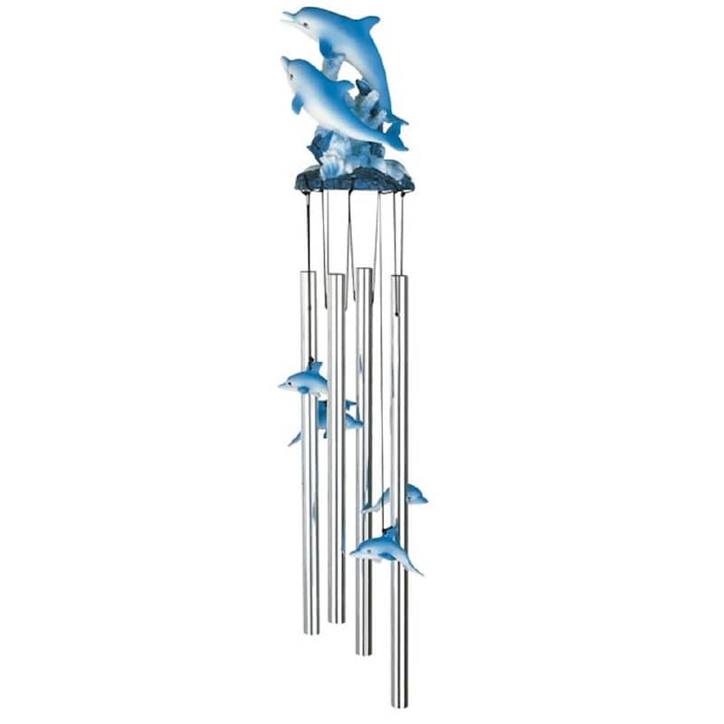 Q-Max 23" Long Dolphin Swimming on Wave Round Top Wind Chime Marine Life Garden Patio Decoration