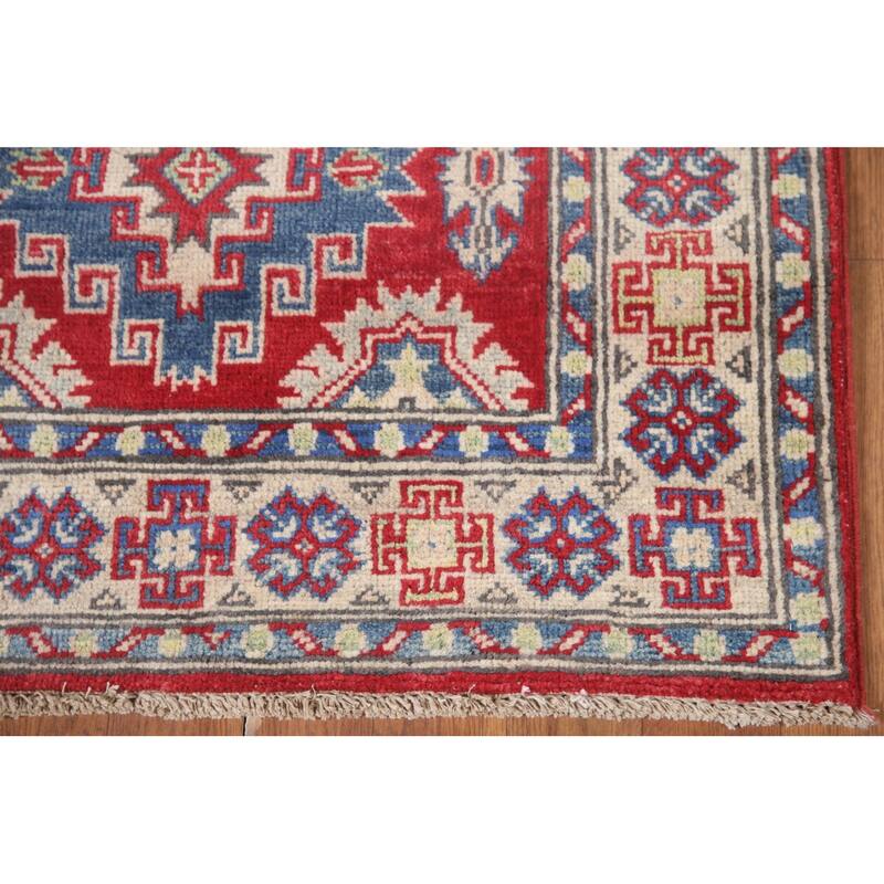 Hand Knotted Oriental 100% Wool Carpet Traditional Geometric Red Kazak Runner Rug - 7' 7'' X 2' 9''