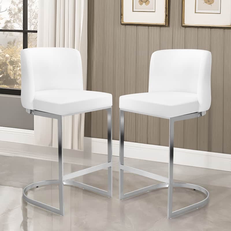 26" Upholstered Bar Stools, Counter Height Stools - 18.11"W x 19.69"D x 37.4"H - Set of 2 - Leather White