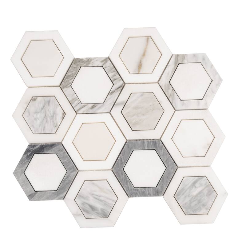Toscana 10x11 in. Polished Calacatta Bluette, Calacatta, White Hexagon Mosaic Wall and Floor Tile (3.74 sq ft/case, 5-Pack)