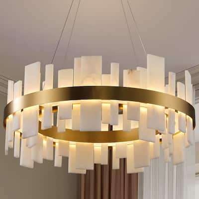 KAYLA 31 in. 8-Lights Drum Gold Chandelier With Alabaster Shade Chandelier