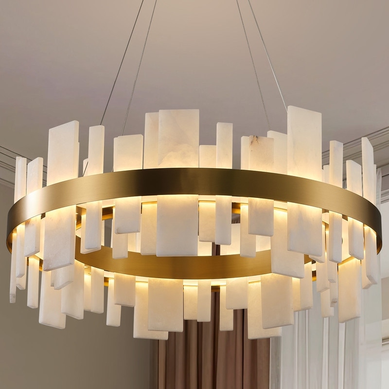 KAYLA 31 in. 8-Lights Drum Gold Chandelier With Alabaster Shade Chandelier
