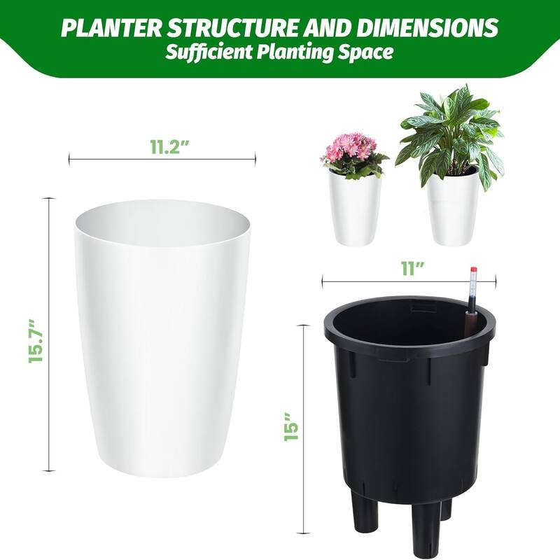 Set of 4 16-in Tall Self-Watering Planters with Built-in Drainage and Water Level Monitor Black