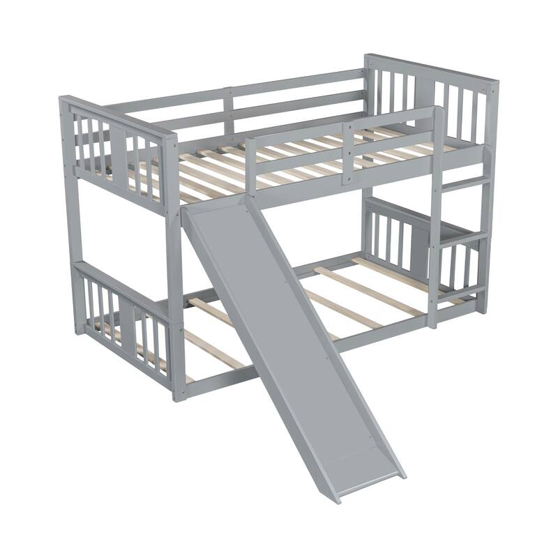 Twin Over Twin Bunk Bed with Slide and Ladder in White and Gray