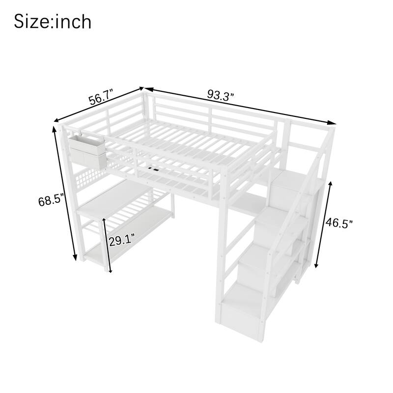 Full Size Metal Loft Bed with Staircase Storage, Wardrobe, L-Shaped Desk, Shelves, LED Lights and USB Charging Station