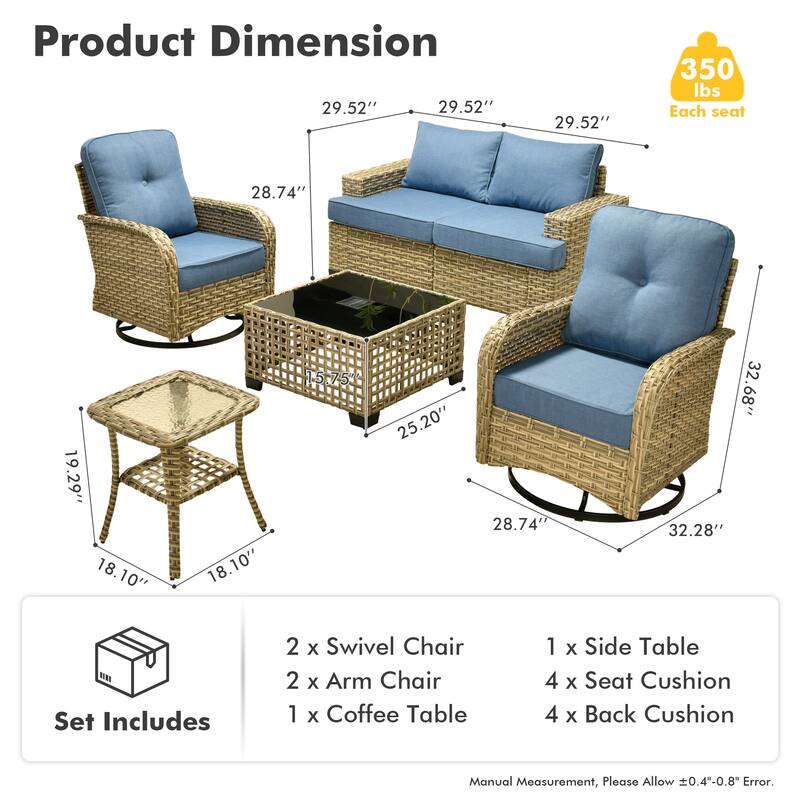 OVIOS 6 Pieces Wide Arm T shaped Seat Curved Swivel Chair Set With Solar-Powered Table