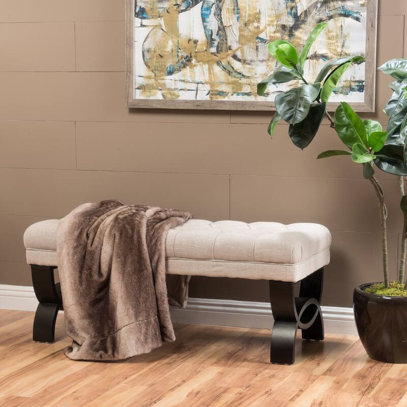 Roomfitters Upholstered Tufted Entryway Bench with Curved Wood Legs, Elegant Seating for Living Room or Bedroom - Beige
