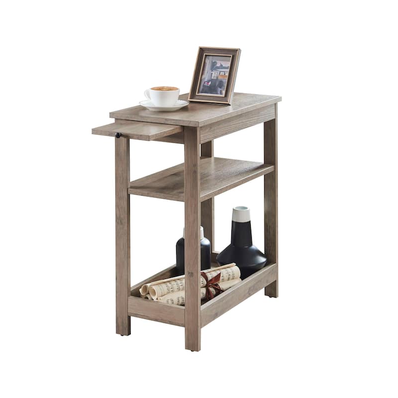 Slim Side End Table with Storage Shelves & Pull-Out Tray, Walnut