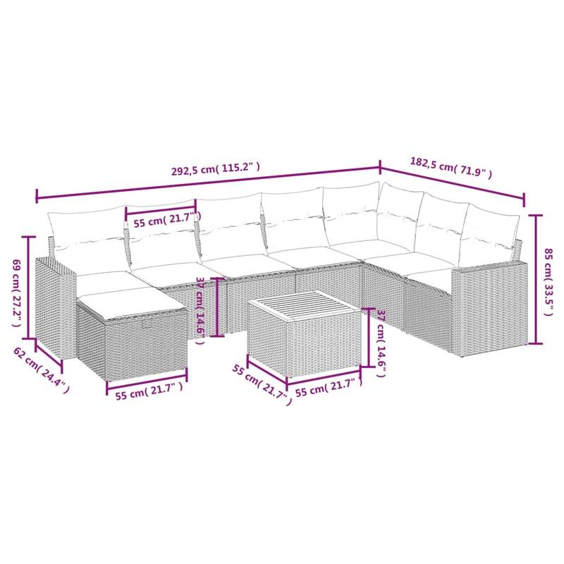 vidaXL Patio Sofa Set with Cushions Outdoor Furniture 9 Piece Poly Rattan