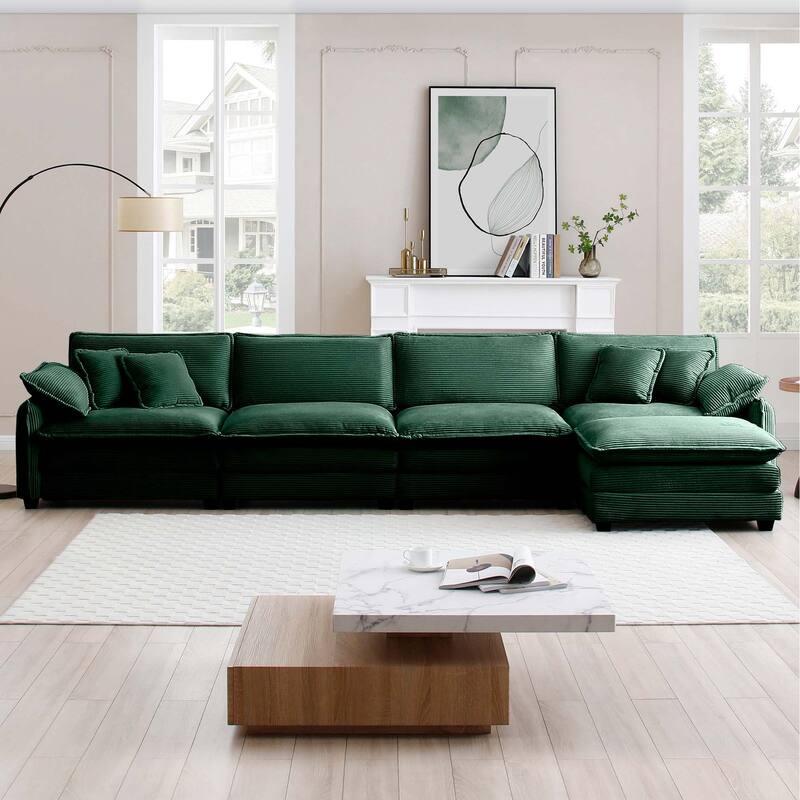 5-piece Oversized Corduroy Upholstered L-Shaped Modular Sectional Sofa with Removable Ottoman and Free Combination