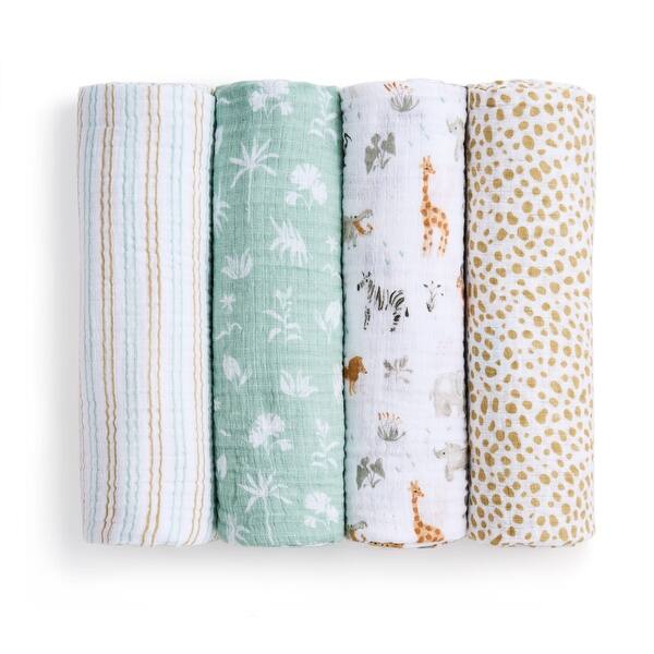 slide 2 of 5, aden + anais essentials cotton muslin swaddle blanket 4 pack giraffe safari
