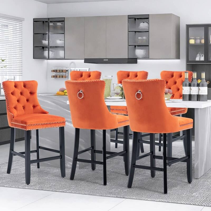 Wing Back Velvet Tufted Nailhead Barstools(Set of 6)