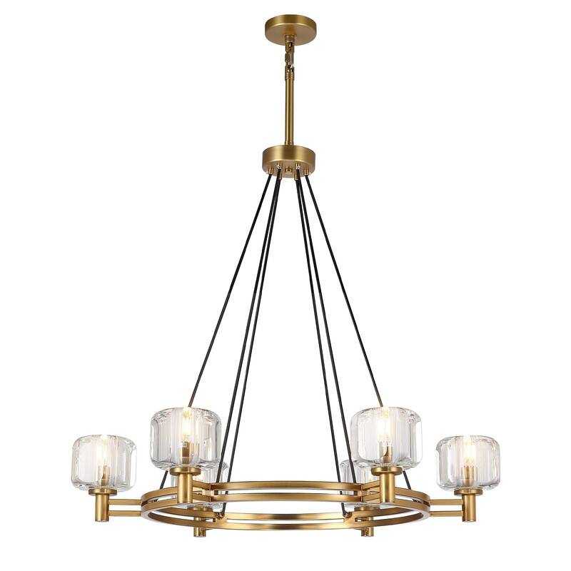 KAYLA 36 in. 6-Light Gold Farmhouse Wagon Wheel Chandelier with Crystal Lampshade